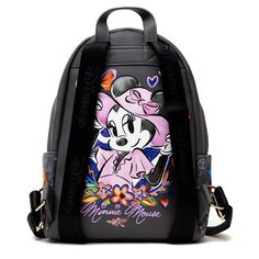 WondaPop does high fashion! Make a real fashion statement with our newest Designer Series fashion backpacks. All black pebble-grain, vegan leather creates a new twelve inch silhouette with images of your favorite characters that pop. Featuring Disney's Minnie Mouse winking at everyone from the front pocket and showing her impeccable fashion sense on the back. The bag is accented by a beautiful gold colored zipper and Disney pull. The adjustable Disney embossed fabric straps are perfect for putti Casual Black Backpack For Disney Trips, Disney Style Backpack For School, Trendy Minnie Mouse Travel Backpack, Black Minnie Mouse Backpack For Back To School, Trendy Minnie Mouse Backpack For Travel, Black Minnie Mouse Bag For Back To School, Everyday Use Back To School Bags With Character Print, Black Disney Backpack For Travel, Disney Leather Backpack For School