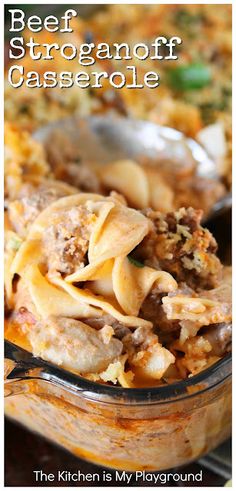 beef stroganoni casserole in a glass dish with text overlay