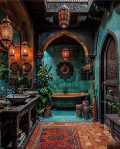 an ornate bathroom with blue walls and tile flooring