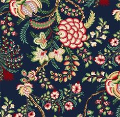 a blue background with red and green flowers on the left side, and an ornate design on the right side