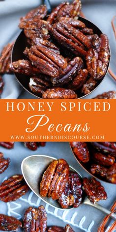 honey spiced pecans in spoons on a table with the title overlay