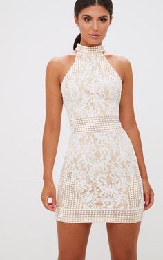 Love this gorgeous short lace dress. Love the color, style, length, and neckline. So pretty! Look at the cute detail! #dress #lace#afflink Lace Dress Outfit, Crochet Bodycon Dresses, White Dress Styles, Cute White Dress, High Neck Bodycon Dress, Outfit Classy, Cream Lace Dress, Crochet Lace Dress, Affordable Fashion Women