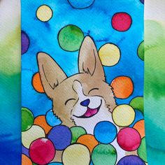 a painting of a corgi dog surrounded by colorful balls on a blue background