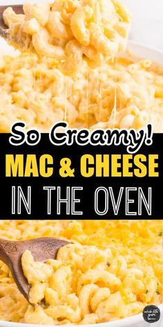 macaroni and cheese in the oven with text overlay