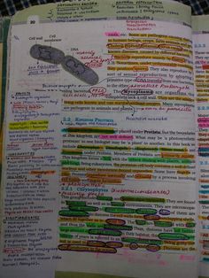 an open book with lots of different colored writing on the pages and in front of it