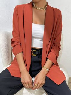 Óxido marrón Casual Collar manga larga Tela Liso Normal Embellished No-Elástico  Trajes de Mujer Salmon Blazer, Brown Blazer Outfit, Knitted Blazer, Tight Dress Outfit, Women Blazers, Blazer Outfits For Women, Women Suits, Open Front Blazer, Blazer Outfits