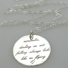 Inspirational Necklace Sterling Silver Pendant Personalized Pendant Graduation gift, Quote Necklace Quote jewelry, Remembrance necklace Gift Personalized mother's day gift. Mom Necklace, Quote jewelry, Remembrance necklace, Gifts for her Birthday gift idea. Are you looking for a gift to remember, a romantic charm necklace? If so, you've found it! Here is a nice silver necklace with a custom pendant. This beautiful jewelry piece is made of a delicate chain and a hammered round pendant. It looks s Remembrance Necklaces, Necklace Quotes, Jewelry Quotes, Personalized Mother's Day Gifts, Personalized Pendant, Custom Pendants, Disc Pendant, Gift Quotes, Gifts For Your Mom