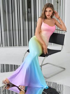 Ultimate Elegance: Ombre Draped Collar Mermaid Hem Cami Dress Spring Prom Mermaid Dress, Fitted Gradient Maxi Dress, Summer Prom Mermaid Dress With Mermaid Hem, Summer Ombre Fitted Dresses, Fitted Gradient Dress For Summer, Fitted Ombre Dress For Summer, Fitted Ombre Summer Dress, Spring Pink Mermaid Dress, Fitted Ombre Dresses For Evening