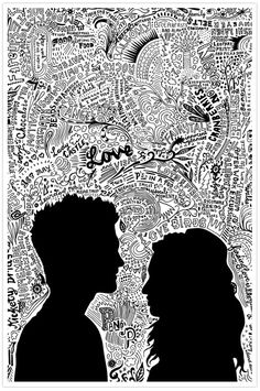 two people are silhouetted against a wall with words written on it