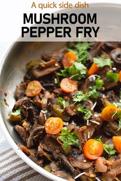 mushroom pepper fry with tomatoes and parsley in a white bowl on top of a checkered table cloth