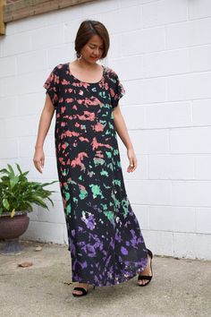 Top Rated Kaftans by Oprah Daily, Byrdi, Cosmopolitan, Elle, and more... DETAIL â€¢ Bust up to 48 in.â€¢ Waist up to 52 in.â€¢ Hips up to 60 in.â€¢ Arms open up to 24 in. â€¢ Length 54 in.â€¢ Boat neck â€¢ No pocketâ€¢ Slipover styleâ€¢ All above measurement are flatFABRICâ€¢ 100% Rayon FITâ€¢ One size fit most up to size US XL â€¢ Hangs loose and away from the body â€¢ Length can be versatile as ankle length and floor length depending on your style DESIGNâ€¢ Individual hand tie dye with one of Black Relaxed Fit Maxi Dress For Spring, Black Maxi Dress With Relaxed Fit For Spring, Black Relaxed Fit Maxi Dress, Black Rayon Maxi Dress With Short Sleeves, Black Short Sleeve Rayon Maxi Dress, Greta Dress, Sleeping Dress, Vibrant Dress, Rainbow Tie Dye