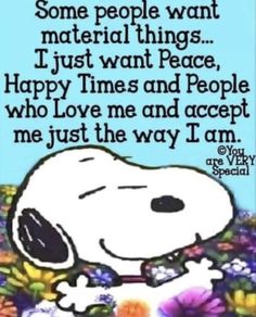 a snoopy dog with flowers on it saying some people want material things i just want peace