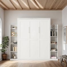 a white bookcase in the corner of a room with wood flooring and wooden ceiling