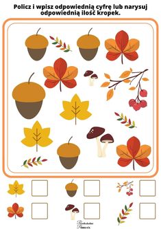 an autumn themed worksheet with leaves, mushrooms and acorns on it