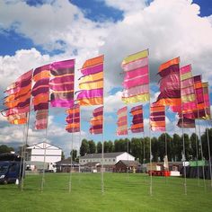 colorful flags blowing in the wind on a green field with blue sky and white clouds