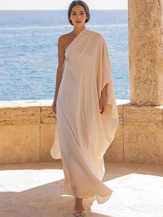 Batwing Sleeves Loose Solid Color Split-Joint One-Shoulder Maxi Dresses LIGHT APRICOT-XL Sukienki Maksi, Robes Glamour, Womens Wrap Dress, Elegant Party Dresses, Evening Dresses Elegant, Batwing Sleeve, Dress First, Maxi Dresses, Dress Length