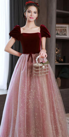 Discover the perfect dress for your next special occasion with this elegant velvet and tulle evening gown. The luxurious wine-red bodice, romantic puffed sleeves, and shimmering ombre tulle skirt make this gown ideal for weddings, galas, and formal events. Shop now to shine in sophistication and style. Keywords: evening whimsical fairytale fairycore enchanted fairy fantasy mascarade gown, tulle ombre skirt Evening Ball Gown Princess Dress For Prom Season, Evening Ball Gown Princess Dress For Prom, Elegant Evening Princess Dress For Party Season, Princess Ball Gown For Christmas Prom, Elegant Christmas Princess Dress For Prom, Pink Princess Dress For Evening, Pink Fairycore, Tulle Evening Gown, Ombre Skirt