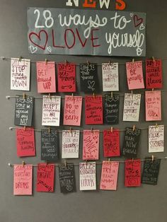 the bulletin board is covered with pink and black notes that read 28 ways to solve young