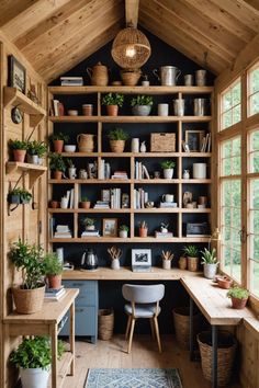 a home office with wooden walls and shelves filled with books, plants and other items