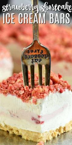 strawberry shortcake ice cream bars with a fork sticking out of it and text overlay reading strawberry shortcake ice cream bars