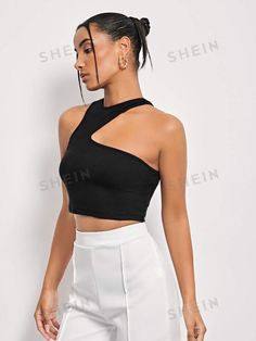 Summer Crop Top With Stretch And Asymmetrical Neckline, Stretch Crop Top With Asymmetrical Neckline For Summer, Summer Stretch Crop Top With Asymmetrical Neckline, Fitted Crop Top With Asymmetrical Hem For Summer, Asymmetrical Halter Top For Spring, Asymmetrical Stretch Tank Top, Asymmetrical Tank Top For Spring, Asymmetrical Solid Stretch Tank Top, Spring Asymmetrical Tank Top