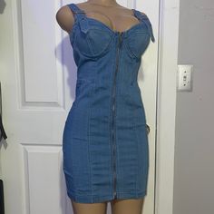 Jean Dress Stretchy Nwt Size Large Any Questions Lmk Fitted Denim Dress With Back Zipper, Medium Wash Mini Dress For Party, Medium Wash Fitted Mini Dress For Party, Denim Mini Dress For Night Out, Blue Sleeveless Denim Dress For Night Out, Blue Fitted Mini Dress With Back Zipper, Fitted Blue Mini Dress With Back Zipper, Fitted Denim Blue Bodycon Dress, Fitted Denim Bodycon Dress In Blue