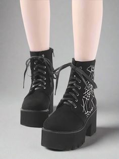 Color: Black Opening: Lace-Up, Zipper Toe Style: Round Toe Platform Height: 4.5cm Heel Height: 7.5cm Gender: Women ,Ladies Style: Punk Platform Height: 5-7cm Outsole Material: Rubber Lining Material: PU Heel Height: High (5cm-8cm) Alternative Black Lace-up Platform Boots, Black Emo Platform Boots For Streetwear, Black Lace-up Platform Boots For Alternative Fashion, Black Emo Boots For Concert, Emo Black Boots For Streetwear, Black Emo Boots For Streetwear, Black Emo Boots With Round Toe, Black Grunge Boots For Cosplay, Emo Platform Boots For Halloween