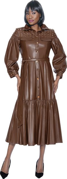 Terramina 7082 1 piece Lantern Sleeve Leather Maxi Dress Colors: Black, Brown, Green Sizes: 8, 10, 12, 14, 16, 18, 20, 22, 24 Chic Brown Maxi Dress For Fall, Fitted Belted Maxi Dress For Fall, Belted Fitted Maxi Dress For Fall, Chic Belted Dress For Fall, Brown Maxi Dress For Formal Fall Occasions, Fall Formal Brown Maxi Dress, Brown Formal Maxi Dress For Fall, Belted Brown Party Dress, Fitted Belted Brown Midi Dress