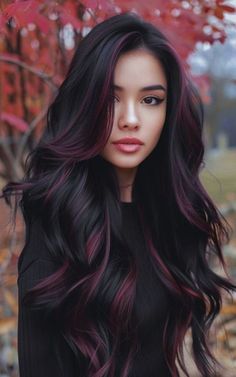 Color For Long Hair Brunettes, Jet Black Hair Color Ideas Pale Skin, Dark Hair Vivid Colors, Hair Colours For Dark Hair, Haircolour Ideas Color Trends, Purple Balayage Hair Brunettes, Dark Hair With Pops Of Color, Trending Hair Colors 2024, Brunette Hair With Color