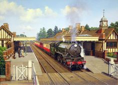 a painting of a train pulling into a station with people walking on the side walk