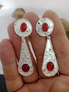 Handcrafted 925 silver earrings Made entirely by hand, very light with a weight of approximately 5 gr each. Red Sterling Silver Festive Earrings, Red Bohemian Sterling Silver Earrings, Artisan Hand-strung Red Jewelry, Bohemian Red Nickel-free Earrings, Bohemian Red Nickel-free Chandelier Earrings, 925 Silver Earrings, Rose Quartz, 925 Silver, Silver Earrings