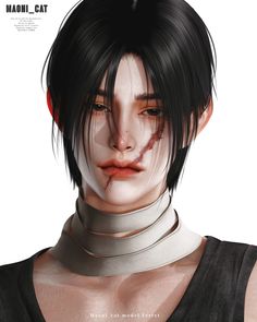 an anime character with black hair and blood on her face, wearing a choker