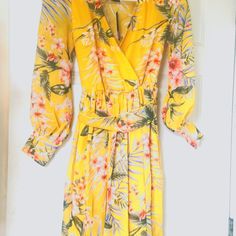 Nwt Yellow/Multicolored Sheer Maxi Dress W/Long Sleeves, Each Cuff Has Matching Yellow Buttons. Lightly-Lined, Full-Length Dress With Long, Flowing Sleeves. Women's/Junior's Size Medium. Brand: Miss Avenue. Casual Yellow Long Sleeve Maxi Dress, Yellow Long Sleeve Maxi Dress For Summer, Yellow Long Sleeve Maxi Dress For Spring, Yellow Long Sleeve Maxi Dress For Beach, Yellow Flowy Long Sleeve Maxi Dress, Yellow Long Sleeve Summer Dress, Yellow Long Sleeve Vacation Dress, Yellow Flowy Long Sleeve Dress, Mustard Long Sleeve Dress For Summer