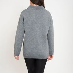 Featuring a relaxed fit, goes-with-anything gray color, and casual collared neck with front pocket, the Hudson Collared Sweater is perfect for every day wear with your favorite pair of jeans or leggings! Gray V-neck Outerwear With Pockets, Oversized Collared Sweater With Ribbed Collar, Oversized Sweater With Ribbed Collar, Oversized V-neck Polo Sweater Casual, Casual Fall Sweater With Johnny Collar, Winter Tops With Lapel Collar In Solid Color, Casual Polo Sweater With Collared Neckline For Winter, Solid Winter Tops With Lapel Collar, Casual Winter Polo Sweater With Collared Neckline