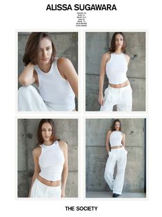 four photos of a woman in white clothing and the words, alissa sugawara