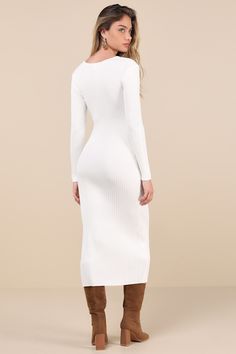 Soft yet impressive, the Glamorous Pristine Energy Ivory Ribbed Beaded Long Sleeve Maxi Dress keeps the compliments coming all day long! This effortlessly elevated dress has a stretchy, ribbed knit fabrication that shapes a scoop neckline with shell-like beaded details that creates a U-shaped center cutout. Long sleeves frame the fitted bodice that continues into a figure-flaunting column skirt. Ankle-grazing maxi hem completes the perfect look! Fit: This garment fits true to size. Length: Ankle Ribbed Maxi Dress, Column Skirt, Sleeve Maxi Dress, Long Sleeve Maxi, Fitted Bodice, Long Sleeve Maxi Dress, Scoop Neckline, Ribbed Knit, Bodice