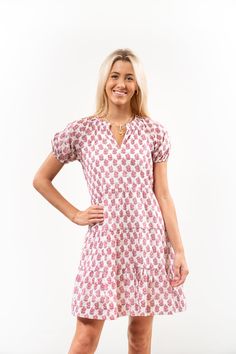 The Dahlia Smock Neck Dress in Terra Cotta Lurex Floral Lunch With Friends, Open Neck, Terra Cotta, Dahlia, Smocking, Neck Dress, Casual Dress, Short Sleeve Dresses, Floral