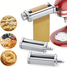 an electric pasta maker with four different types of pasta in front of the attachments