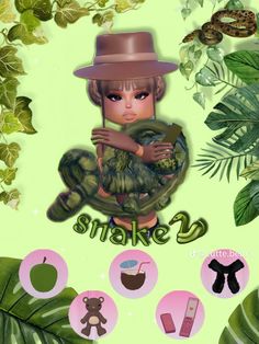 a girl in a hat is surrounded by green leaves and other things that are on the ground