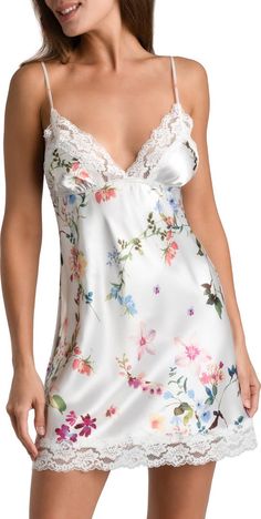 In Bloom by Jonquil Endless Love Floral Lace Trim Satin Chemise | Nordstrom Satin V-neck Coquette Sleepwear, Coquette Satin V-neck Sleepwear, Fitted Lace V-neck Chemise, Fitted Satin Finish V-neck Sleepwear, Elegant Floral Print V-neck Sleepwear, V-neck Satin Camisole With Lace Trim, Elegant Floral V-neck Sleepwear, Sleeveless Lace Sleepwear With Floral Print, Satin V-neck Camisole With Lace Trim