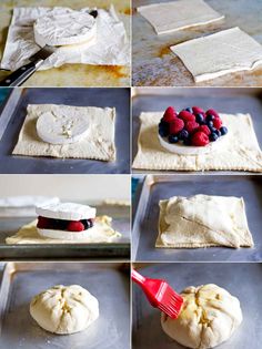 the process of making homemade pizza dough with fresh berries and cream cheese on top is shown