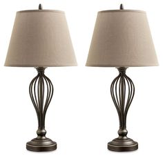 a pair of lamps sitting next to each other