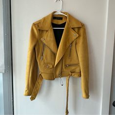 Mustard Yellow Suede Biker Jacket Never Worn Super Comfortable And Moveable Silver Hardware Tts Yellow Fitted Biker Jacket, Zara Casual Fall Biker Jacket, Fitted Yellow Biker Jacket Casual Style, Yellow Fitted Casual Biker Jacket, Fitted Yellow Casual Biker Jacket, Zara Moto Outerwear With Zipper Closure, Zara Moto Long Sleeve Outerwear, Zara Biker Outerwear For Spring, Zara Moto Style Long Sleeve Outerwear