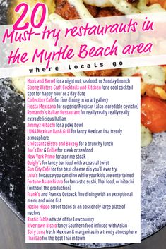 a menu for a restaurant in the middle of winter with text overlay that reads, 20 must try restaurants in the mule beach area where locals go