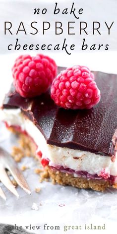 no bake raspberry cheesecake bars on a plate with fork and spoon