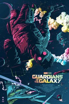 the movie poster for the upcoming film, guardianss of the galaxy with an astronaut floating in