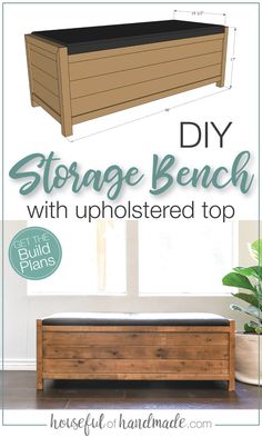 the diy storage bench with upholstered top and built - in planter