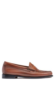 Rich leather elevates a handsome loafer styled with a moc toe and low heel that will lend a timeless sophistication to your office style. Leather upper, lining and sole Imported Cognac Leather Sole Slip-on Loafers, Luxury Woven Leather Slip-on Loafers, G.h.bass Loafers, Brown Slip-on Loafers With Perforations, Luxury Brown Slip-on Loafers, Leather Loafers Women, Loafer Women, Loafers Style, Penny Loafer