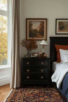 Black Antique Bedroom Furniture, Black Cane Bedroom Furniture, White Bedroom With Black Trim, Brown And Black Bedroom Furniture, Styling Black Bedroom Furniture, Black Dresser Bedroom Aesthetic, Styling A Black Bedframe, Black Bed Frame Room Decor, Brown And Burgundy Bedroom