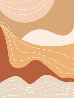 an abstract painting with wavy lines and shapes in shades of brown, orange, beige and white